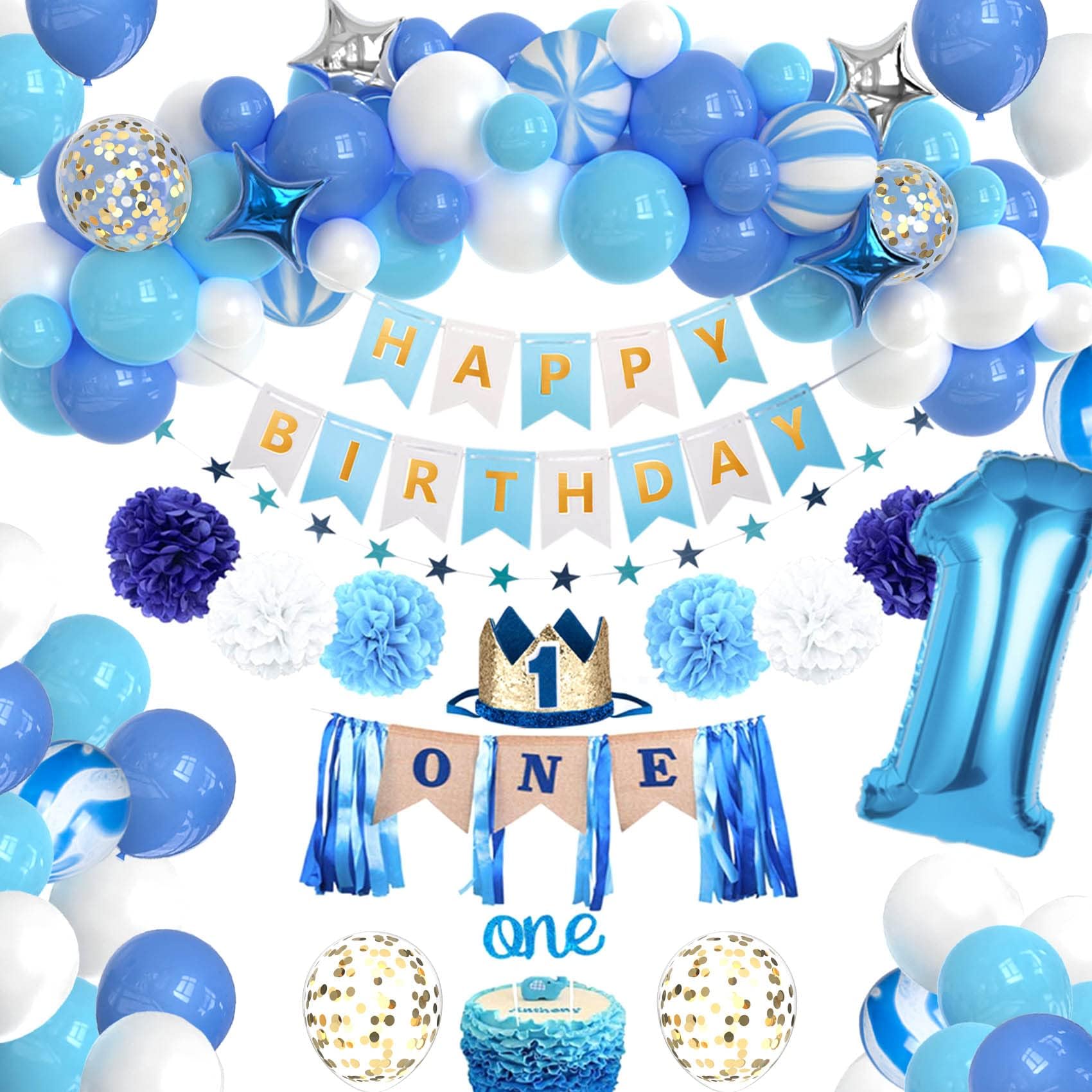 JOYYPOP 1st Birthday Decorations for Boys - Baby 1st Birthday Party Supplies 67PCS with 1st Birthday Baby Crown, ONE Cake Topper, 1st Birthday Highchair Banner Decorations(Blue)