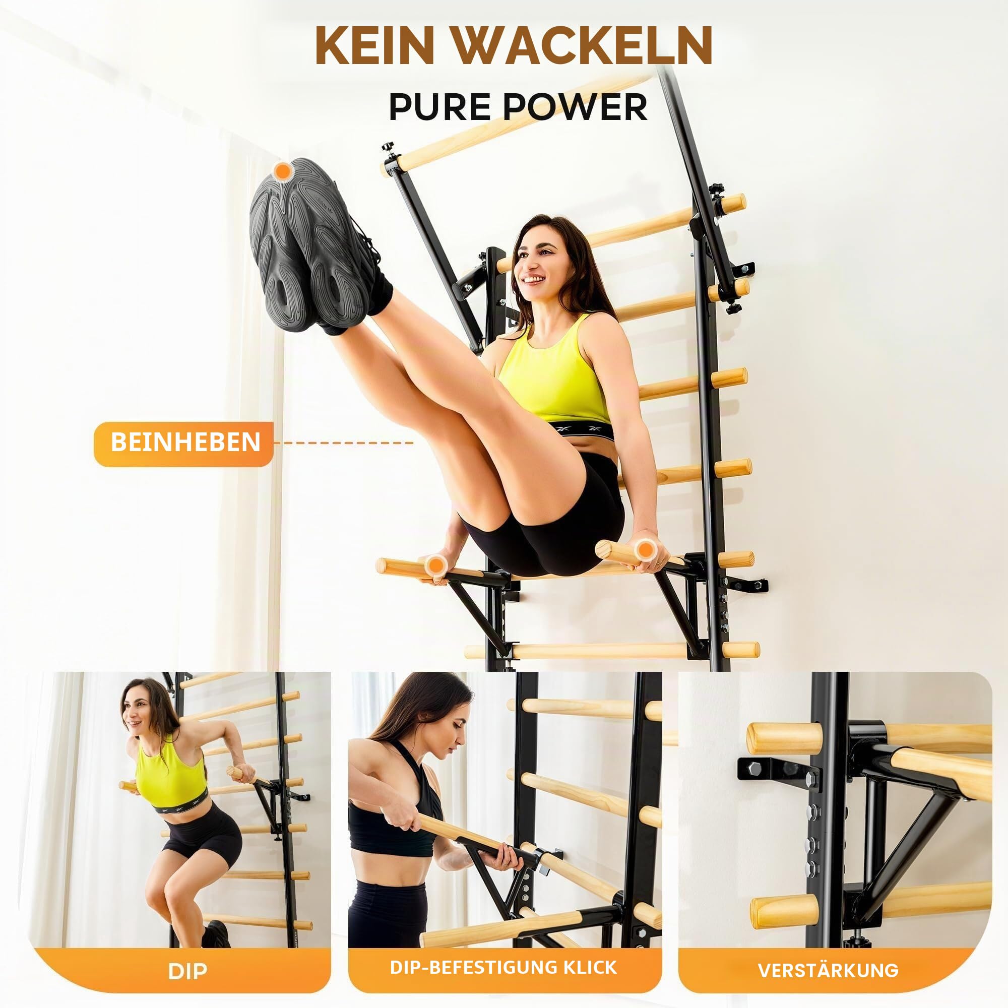 Sprossenwand Indoor mit Klimmzugstange, Dip-Barren und Klettergerüst, Wandmontage Kletterwand aus Holz – Fitnessgerät für Zuhause, Turngeräte für Kinder und Erwachsene für Home Gym und Gymnastik