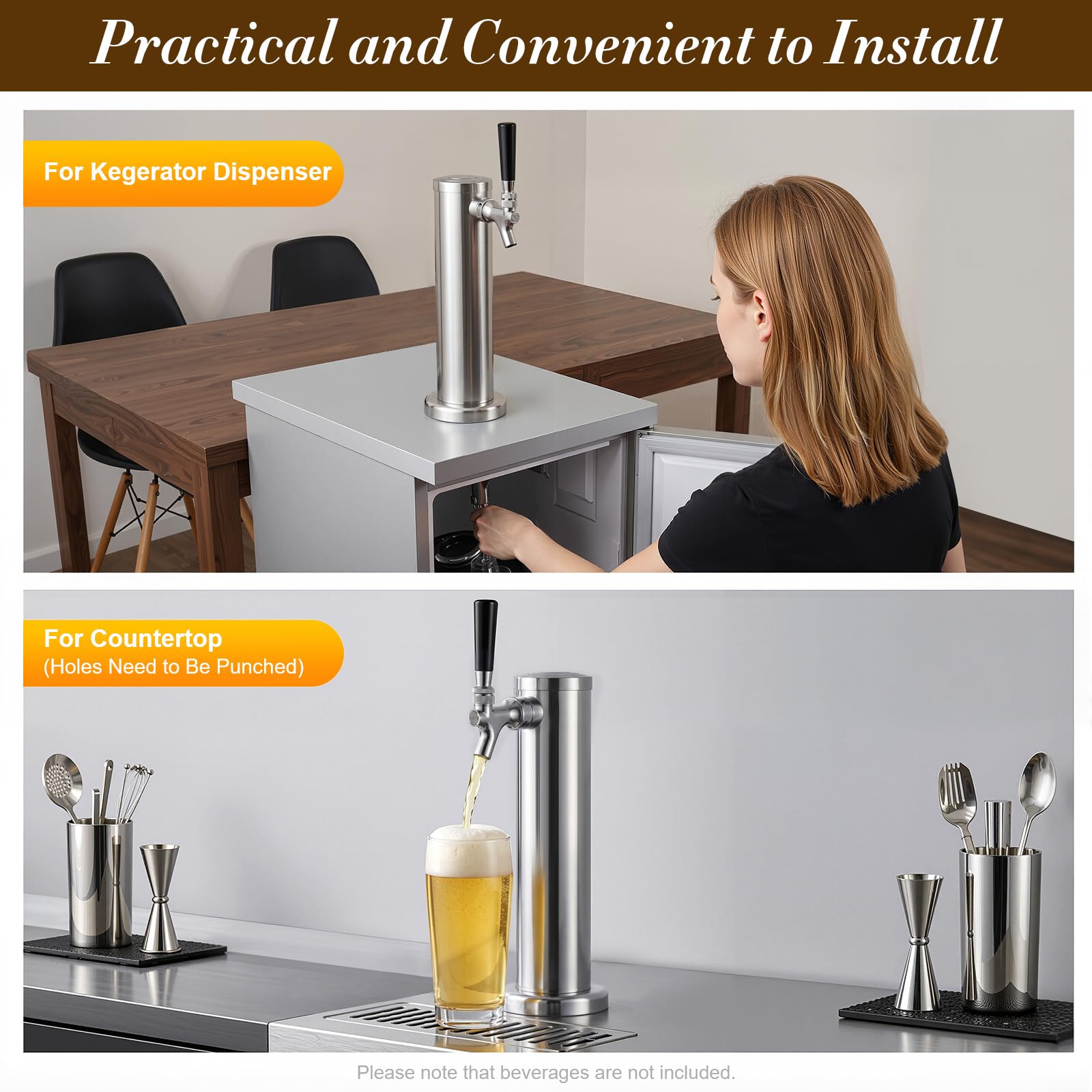 Dispensador de cerveza de 1 vía, acero inoxidable, torre de cerveza profesional con grifo, máquina de barril de cromo pulido para bar y uso doméstico (plata)