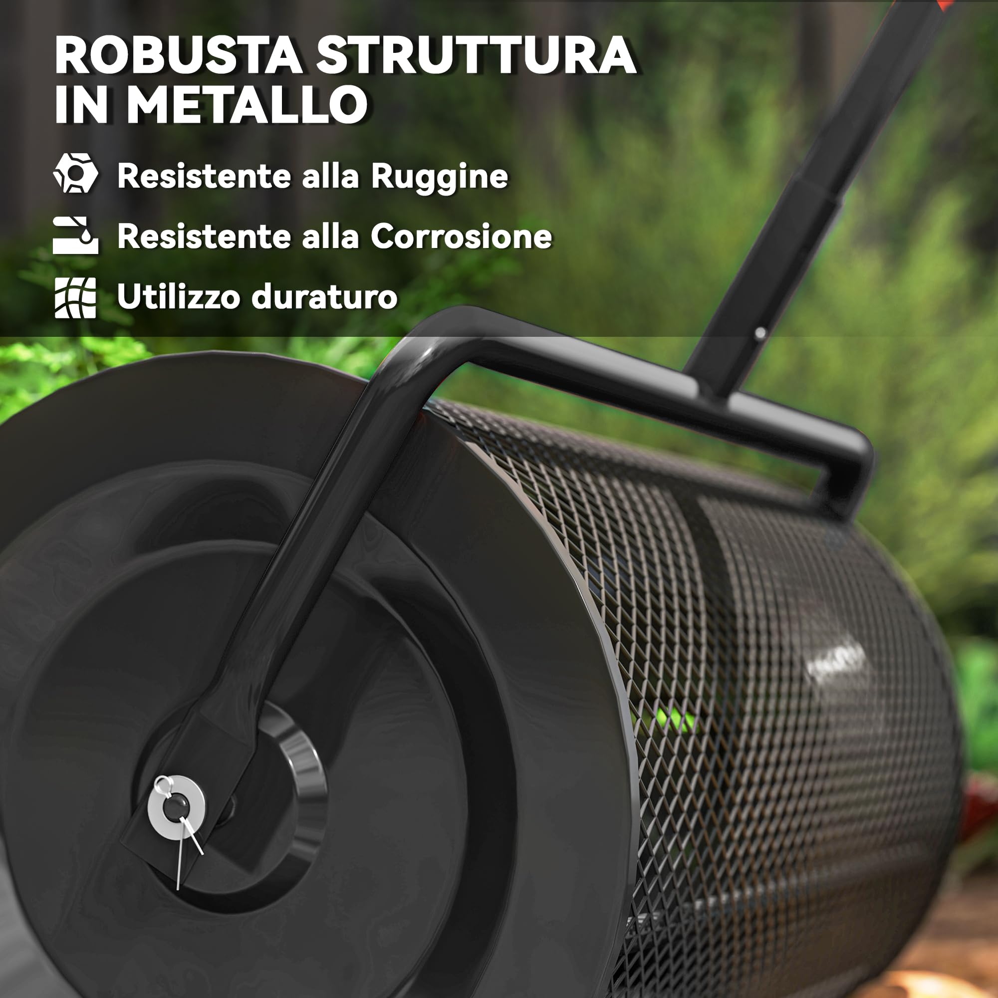 Outsunny Spandiconcime da 75L Manico a T Regolabile 70x40x112 cm Nero | Maniglia Imbottita, Rullo per Prato da Giardino in Metallo