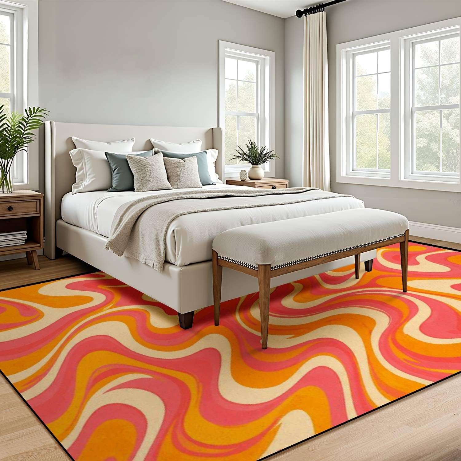 1970 Wavy Swirl Seamless Orange Pink Colors Hand Drawn Seventies Style Area Rug Outdoor Patio Rug Play Mat Floor Mat Modern Carpet Non-Slip Home Decor Living Room Bedroom Nursery, 6x9 ft