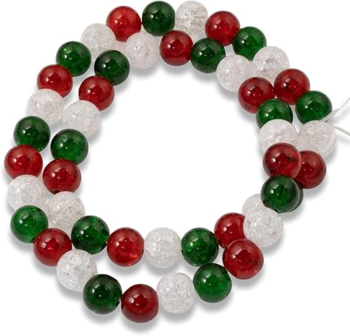 Miniatura 2 de Paquete de 48 cuentas de vidrio agrietado rojo, verde y blanco de 0.315 in | Mezcla de cuentas de Navidad para joyas hechas a mano, manualidades,