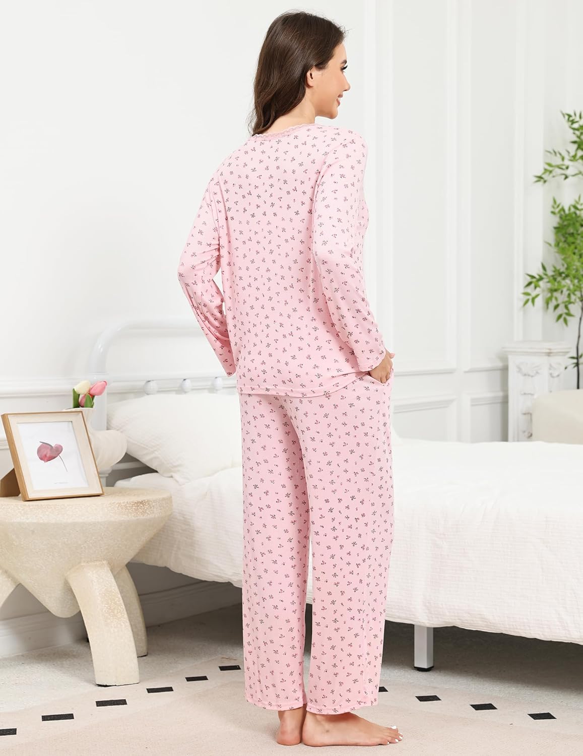 Cotton Pajamas for Women Set Floral Print Long Sleeve Pajamas Set with Pants Soft Pjs Lounge Set with Pockets - Image 3