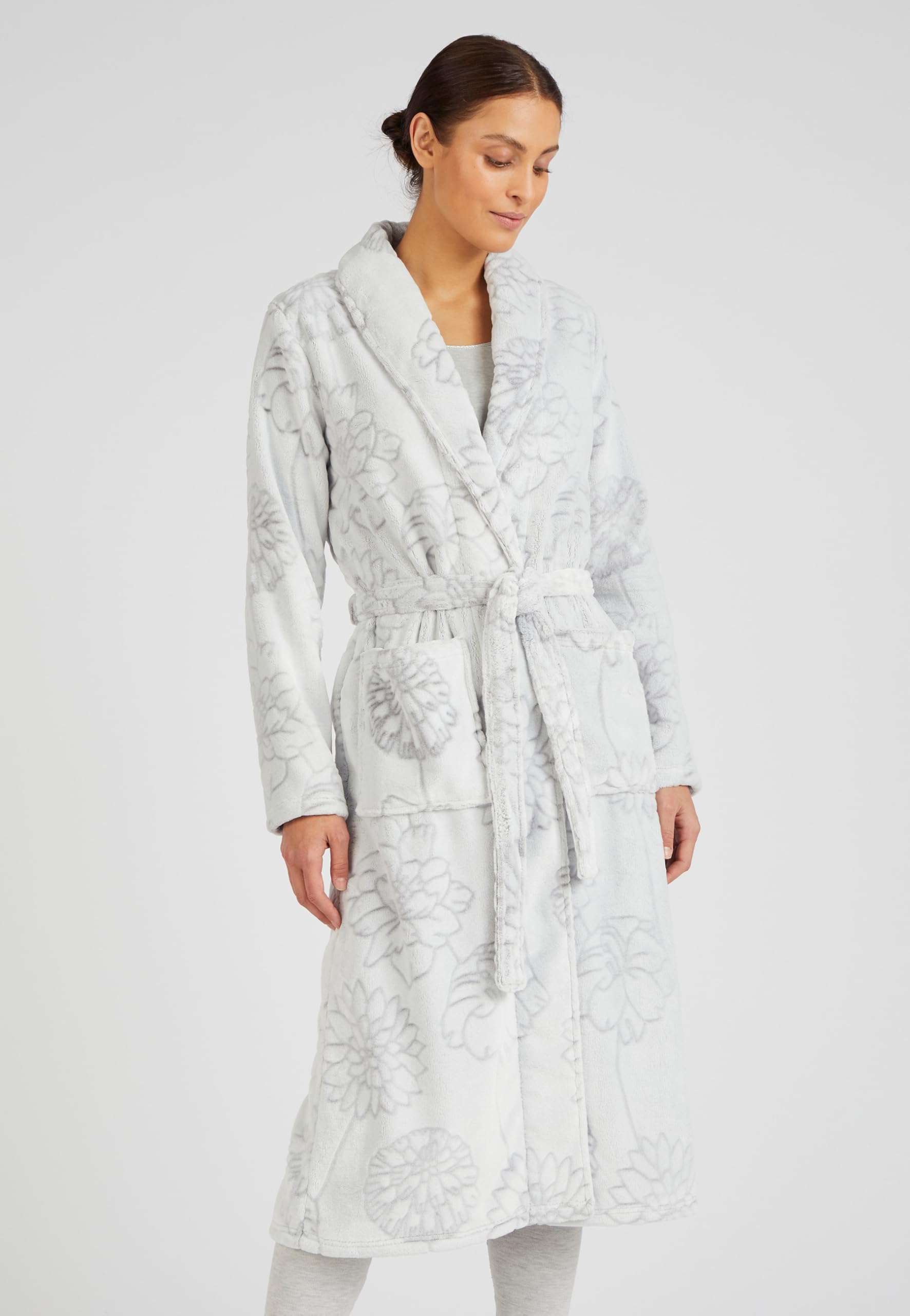 Damart Thermolactyl Femme Robe de Chambre | Maille polaire, Polyester, Long, Col Châle, Manches longues, Vêtement de Nuit, Gris, 42-44