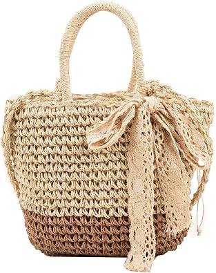 Handmade Purses and Handbags for Women, Knitted Straw Shoulder Bags, Straw Crossbody Bag, Handbag Shoulder Crossbody Bags for Women Beige+Khaki