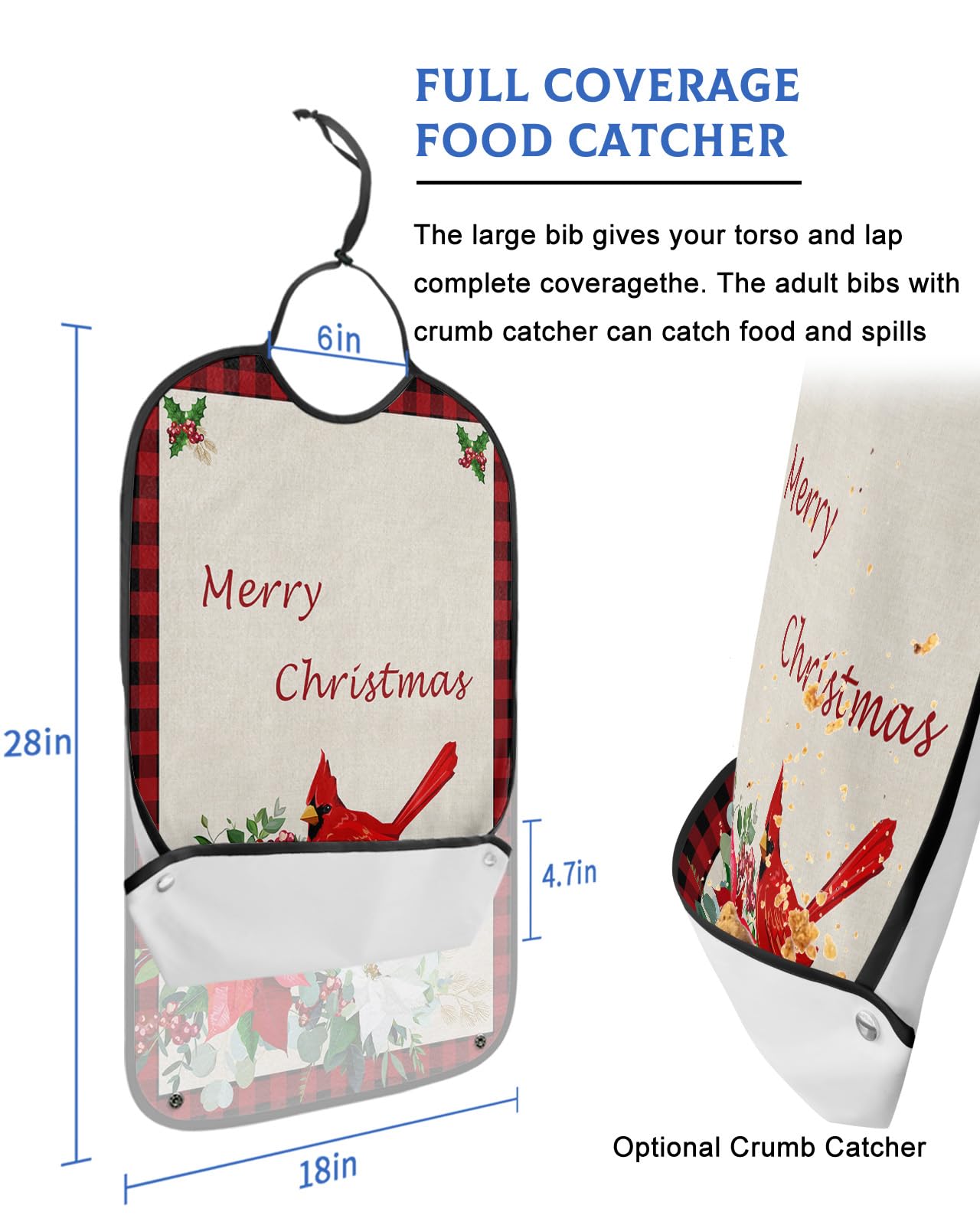 LEOKOTI Christmas Bird Adult Bibs for Eating, Waterproof Bibs with Food Catcher & Adjustable Snap Closure, Black Red Checkered Poinsettia Washable Clothing Protectors Adult Bibs for Elderly Women/Men