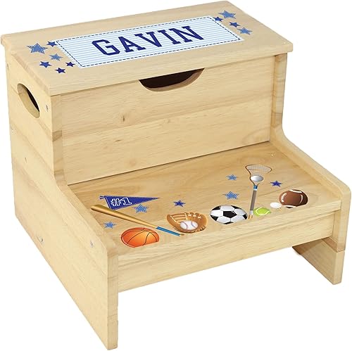 My Bambino Taburete de almacenamiento deportivo de madera personalizado para dormitorio de niños, baño, cocina