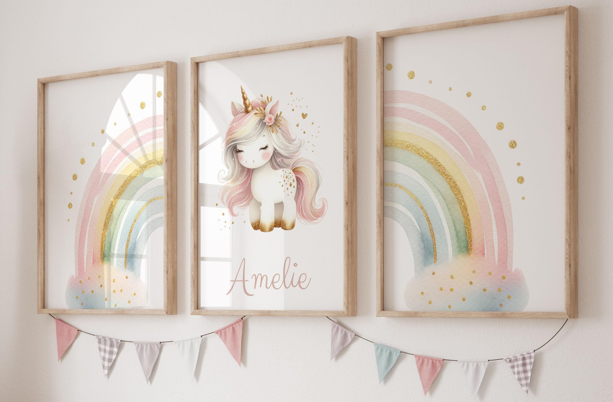 Eviepops Prints Personalised Rainbow Unicorn Set of 3 Unframed Poster Prints, Personalise Name, Unicorns And Rainbows, Unicorn Theme Room Decor, Girls Bedroom Decor, Girls Bedroom Prints (A3)