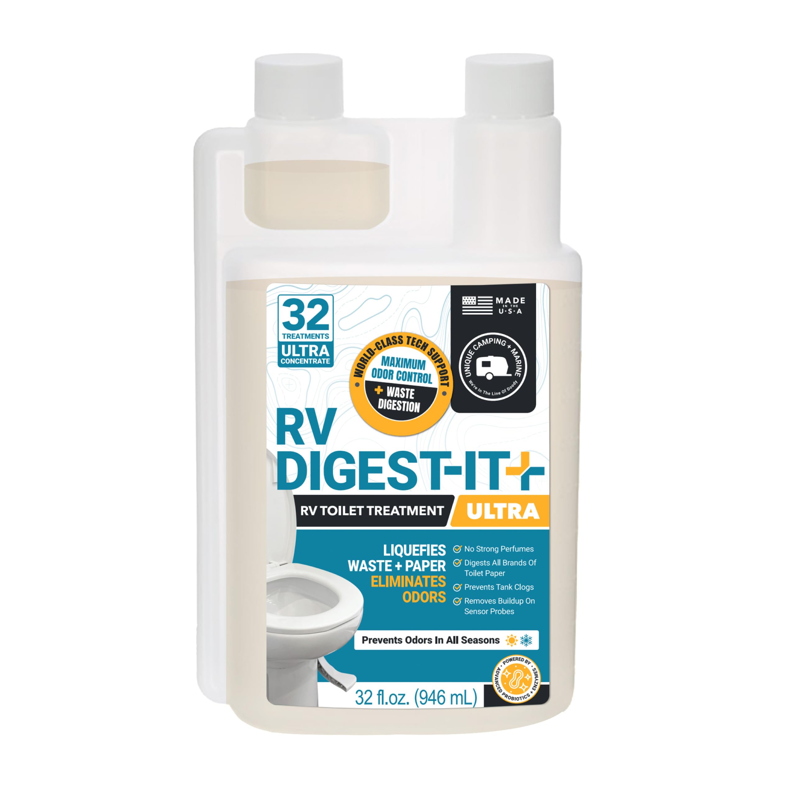 Unique RV Digest-It Ultra RV Toilet Treatment, 32 Uses, Super Concentrated - Eliminates Smells and Liquifies Waste, Easy-Measure Extra-Strength Preventive Bio-Enzymatic Holding Tank Treatment (32 oz)