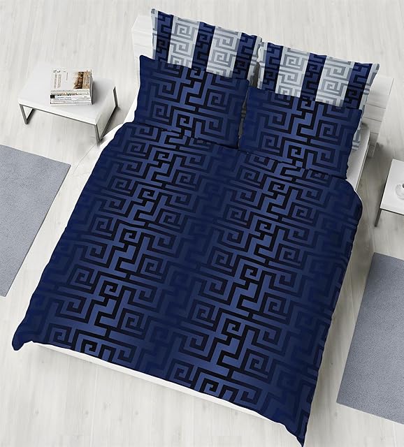 K Collection Athena Duvet Cover - Greek Meander Reversible Bedding Set - Greek Key Design - 100% Cotton - King Size - Navy/Silver