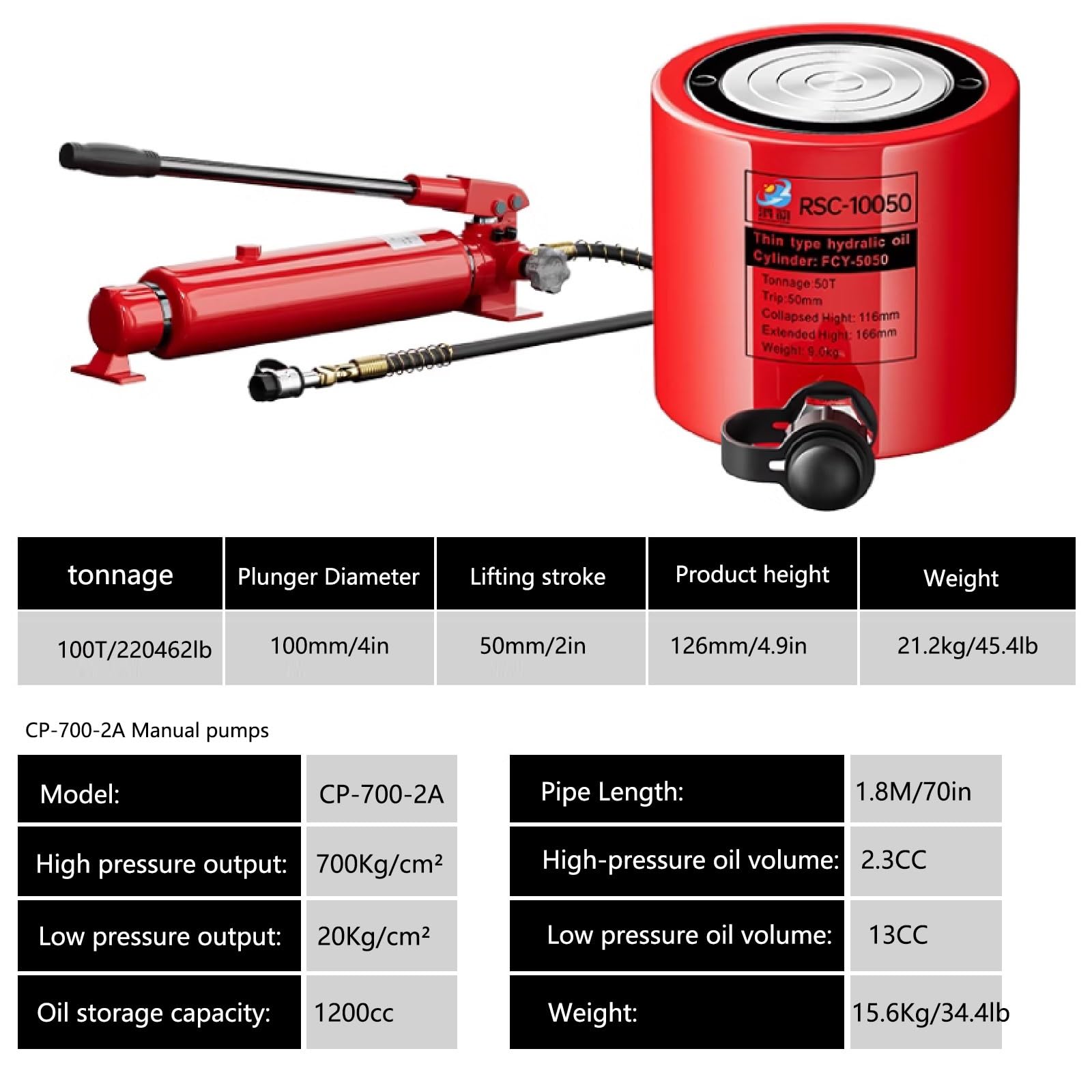 Kit cric idraulico, capacità 50T, corsa 2", pompa manuale, ritrazione automatica per sollevamento e riparazione