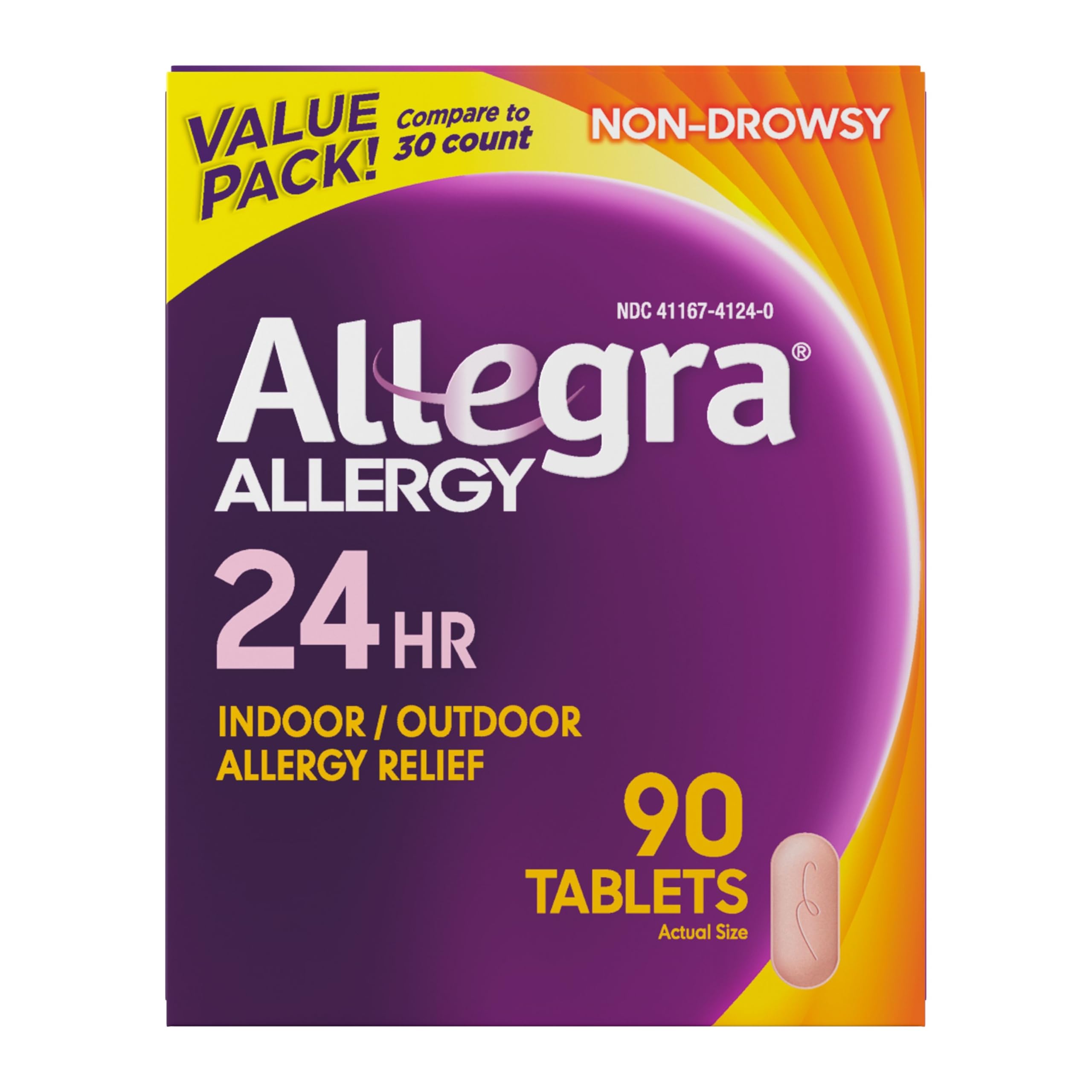 Allegra Adult 24-Hour Allergy Relief Tablets, Non-Drowsy Indoor and Outdoor Allergy Medicine, 180 mg Fexofenadine HCI Antihistamine Pill, 90-Count