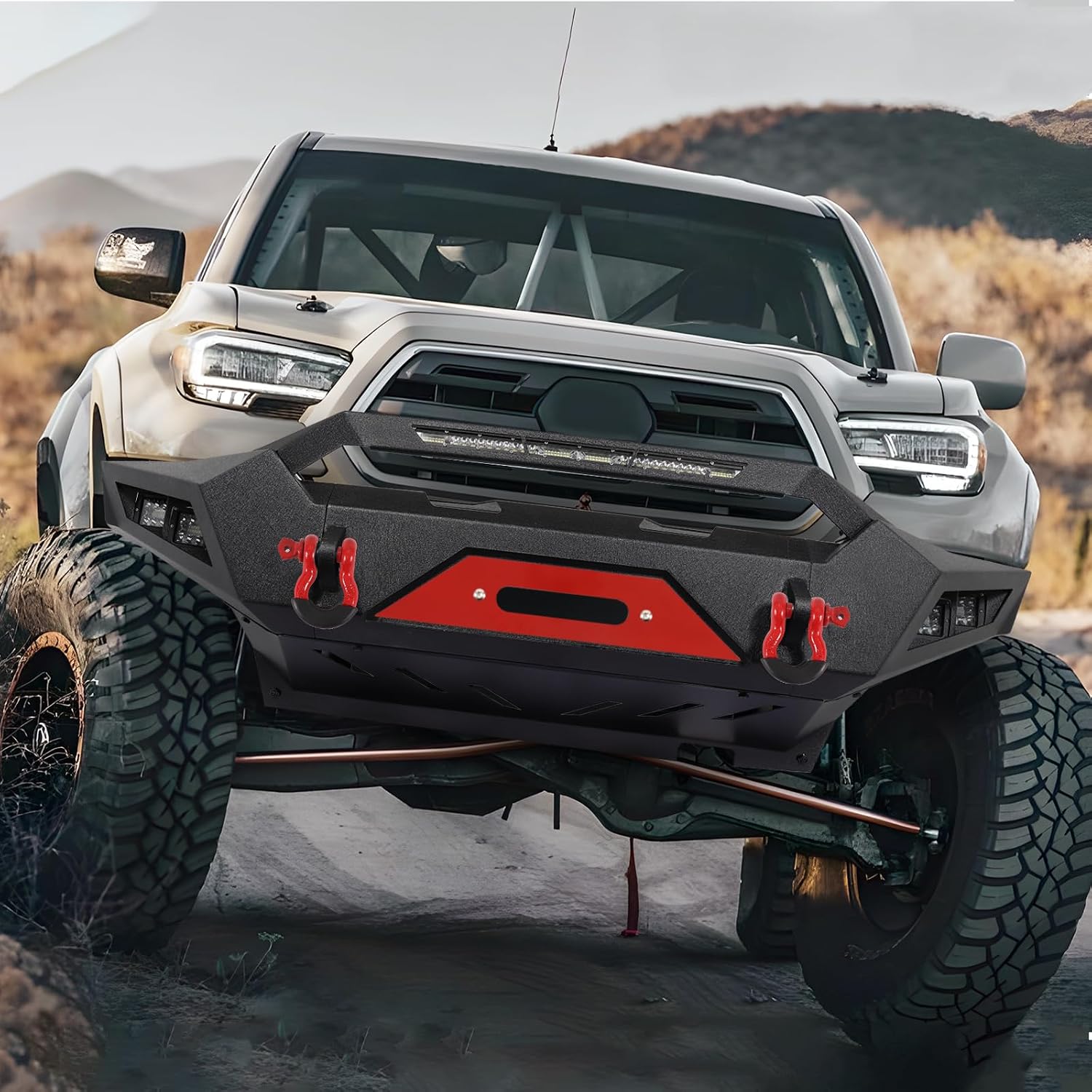 Tacoma Front Bumper Offroad Full Width Bumper Compatible with 2005-2015 Toyota Tacoma 2nd Gen Pickup Truck, Rock Crawler Bumper w/Winch Plate & 1x 156W LED Light Bar & 4 x LED Lights & 2 x D-Rings