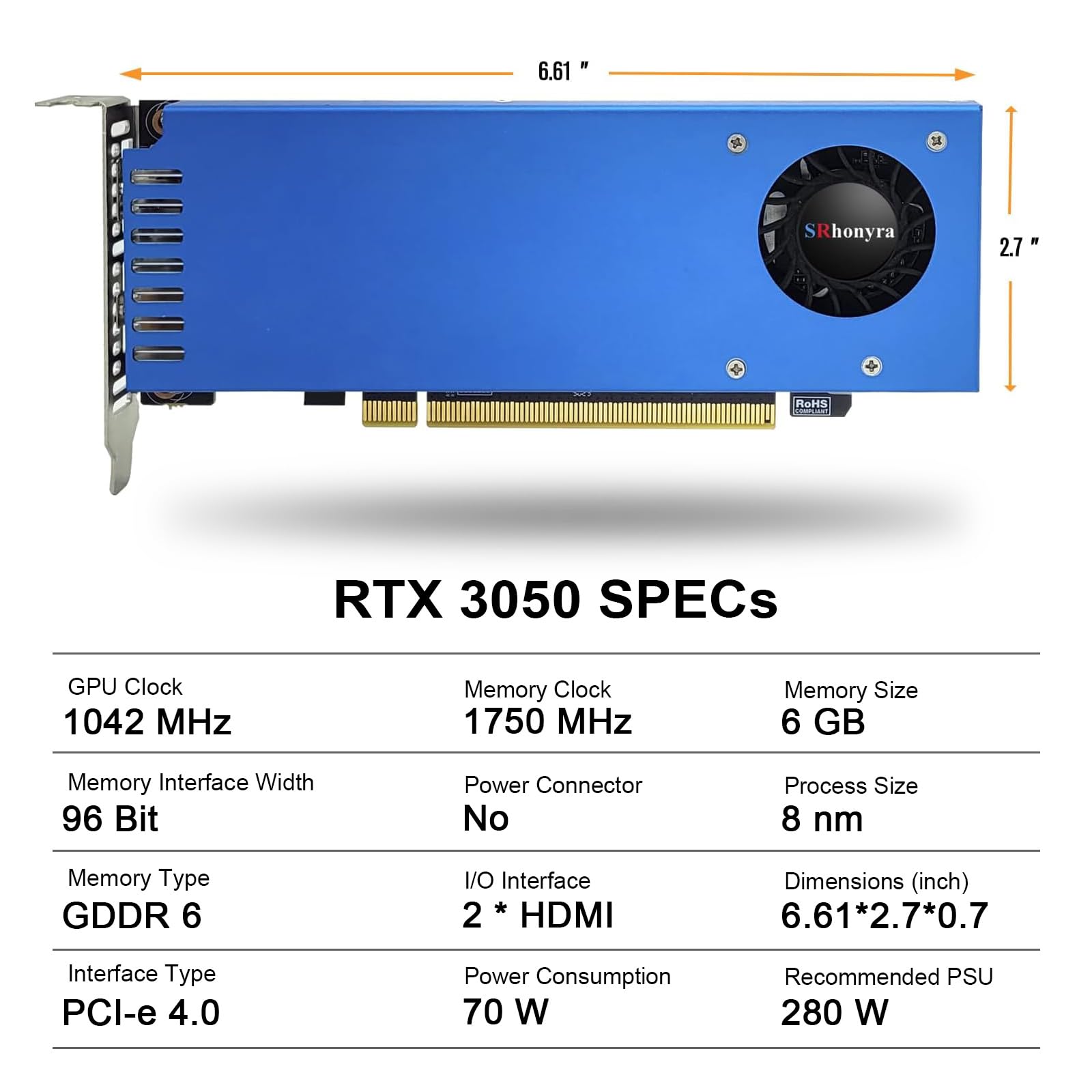 RTX 3050 - Scheda grafica GDDR6 a basso profilo, 96 bit, doppio supporto HDMI, configurazione con doppio monitor, alimentazione bus PCIe 4.0 x 16, design scheda video per case PC compatte