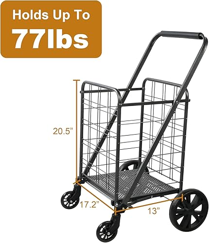 Miniatura 7 de Carrito de compras plegable con ruedas giratorias de 360 para comestibles, lavandería, libro, equipaje, viaje, capacidad de 77 libras, color negro