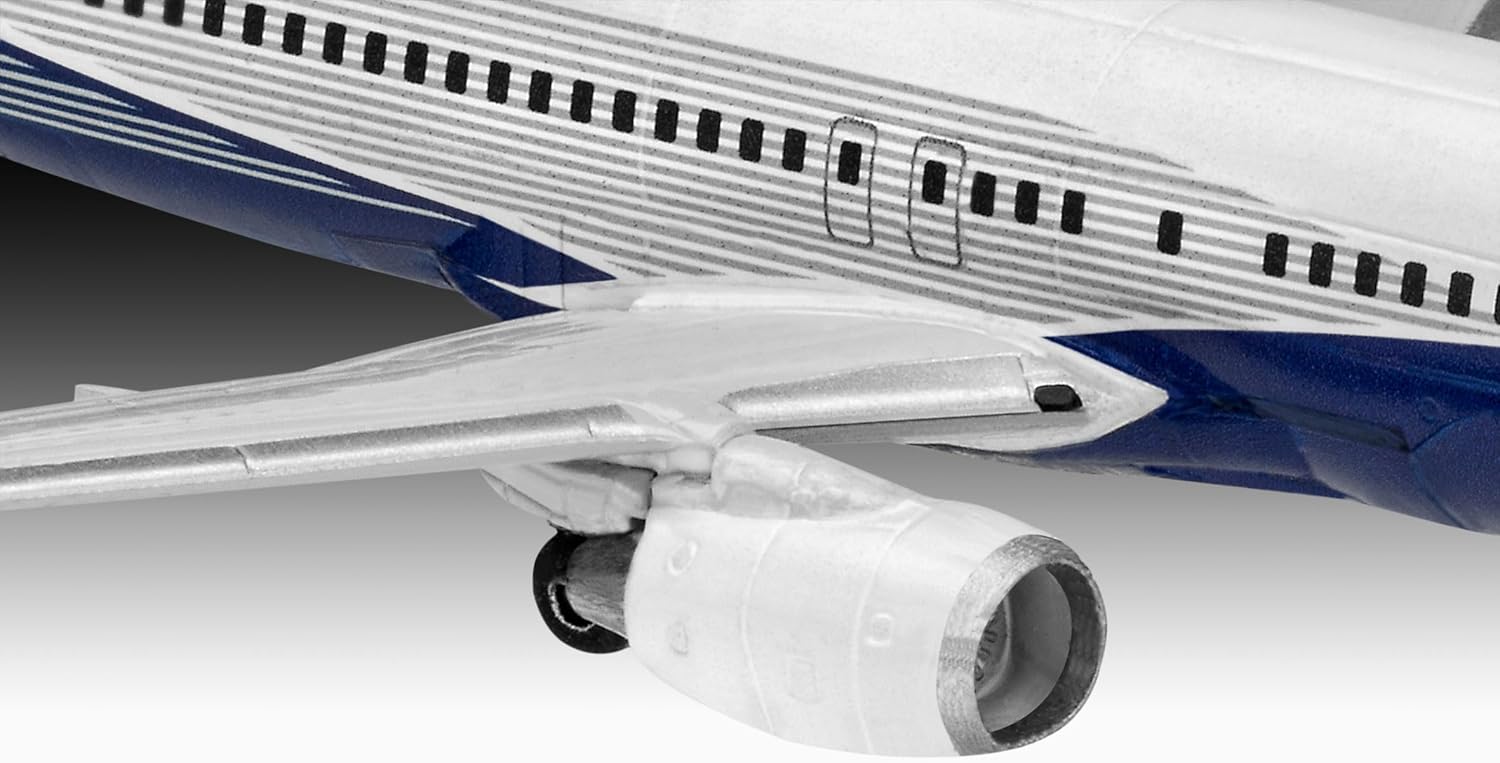Close-up of the painted Boeing 737-800 model wing and engine