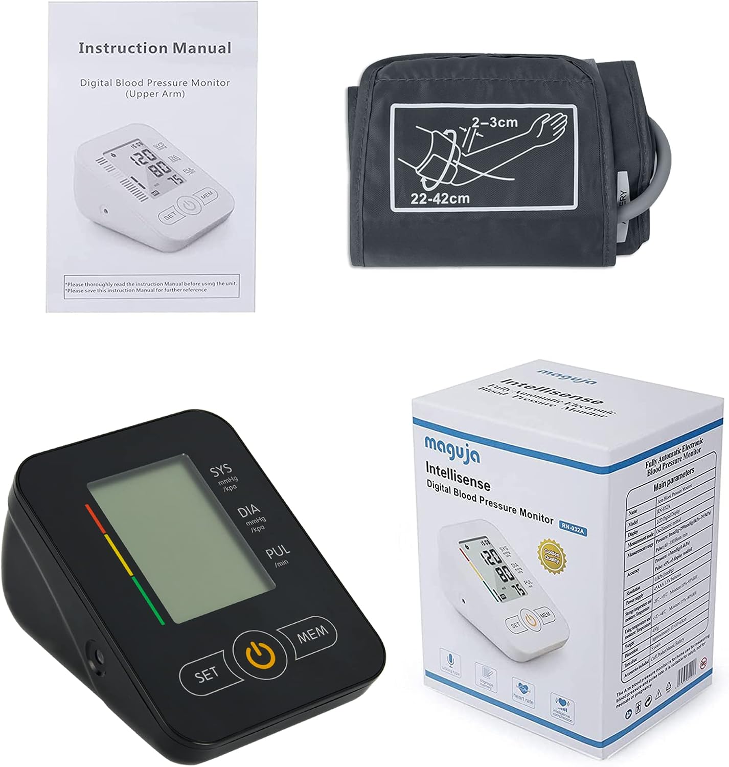 Automatic Arm Blood Pressure Monitors-maguja Automatic Digital Upper Arm Blood Pressure Monitor Arm Machine, Wide Range Cuff, Large LCD Display BP Monitor, Without Broadcast Function (All Black)