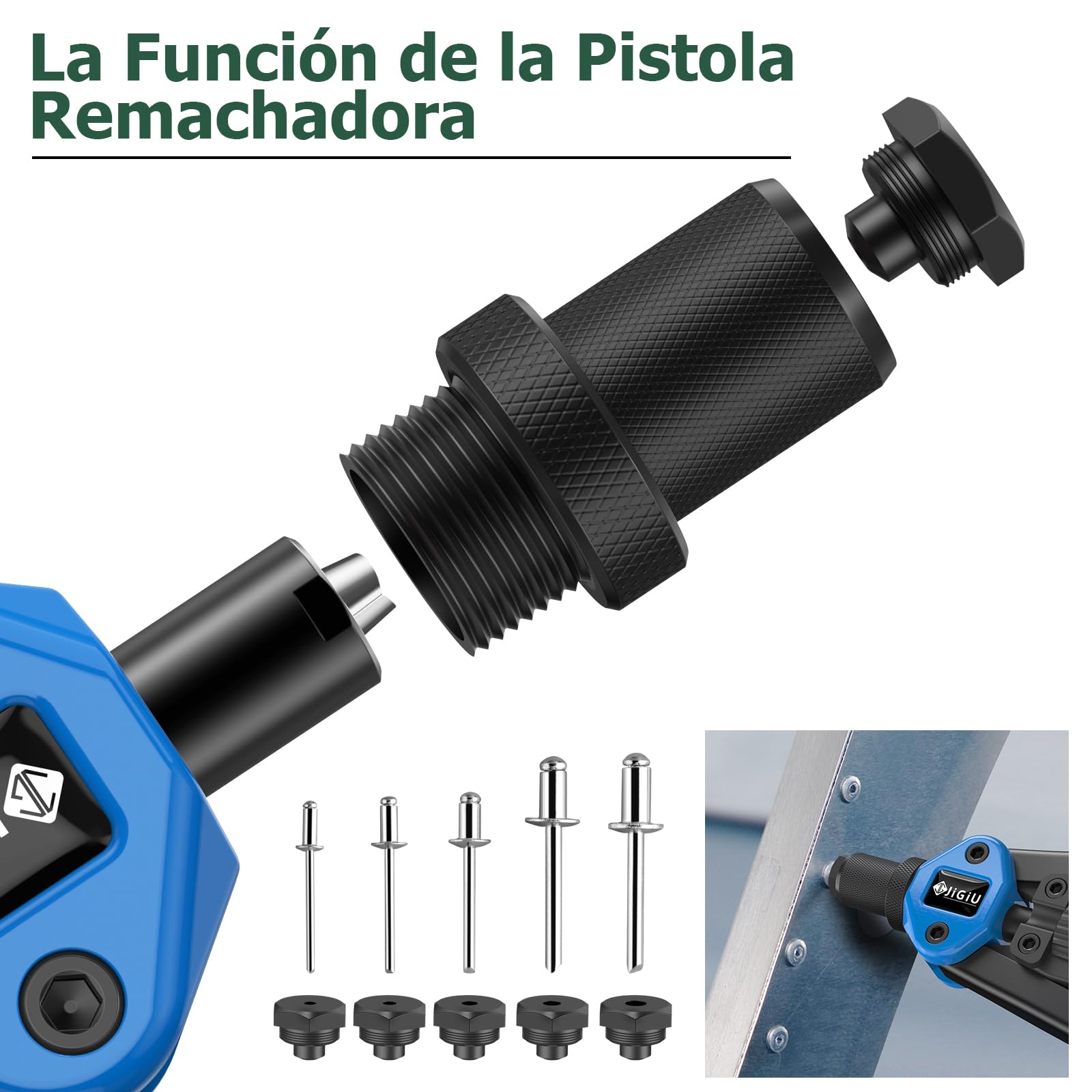 JiGiU Remachadora de Tuerca y Pistola de Remachador 2 en 1, Juego de Alicates para Remachar con M3 M4 M5 M6 M8 M10 M12 y 5 Cabezas Remachables 3.2 4.0 4.8 6.0 6.4mm con 110 Tuercas y 50 Remaches-Azul