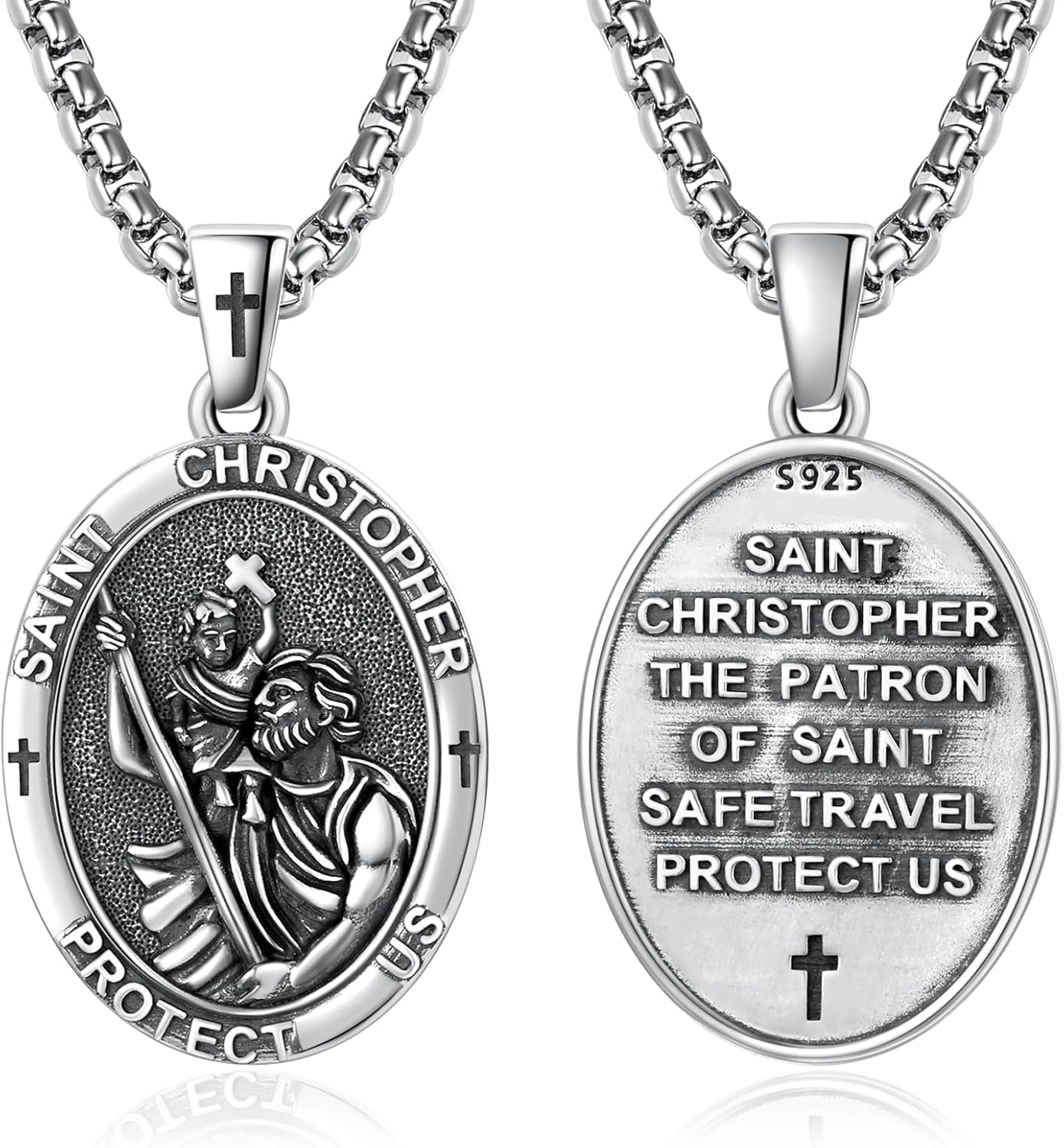 Patron Saint Medals 925 Sterling Silver Amulet Necklace Protection Jewelry for Men with 2.5mm 22"+2" Round Box Chain