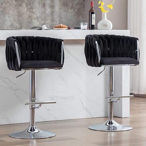 LukeAlon Juego de 2 taburetes de bar giratorios de terciopelo, sillas de bar modernas de altura ajustable con base plateada, respaldo tejido con