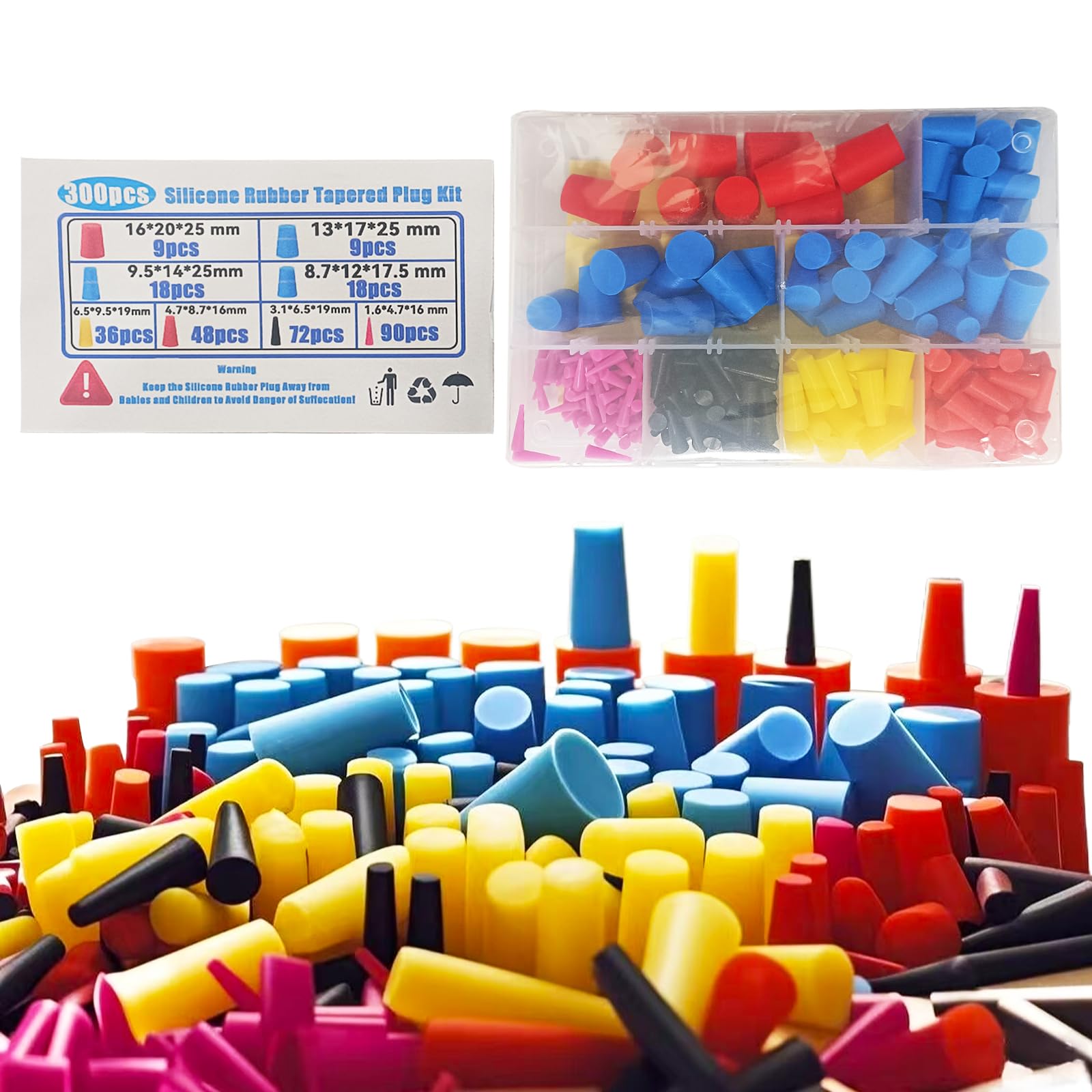 8 Größen - 300 Stück konische Silikon-Gummistopfen, konische Stopfen zum Abkleben von Löchern während der Pulverbeschichtung, Malerei, Hydrotauchen, Medienstrahlen, 300 Stück
