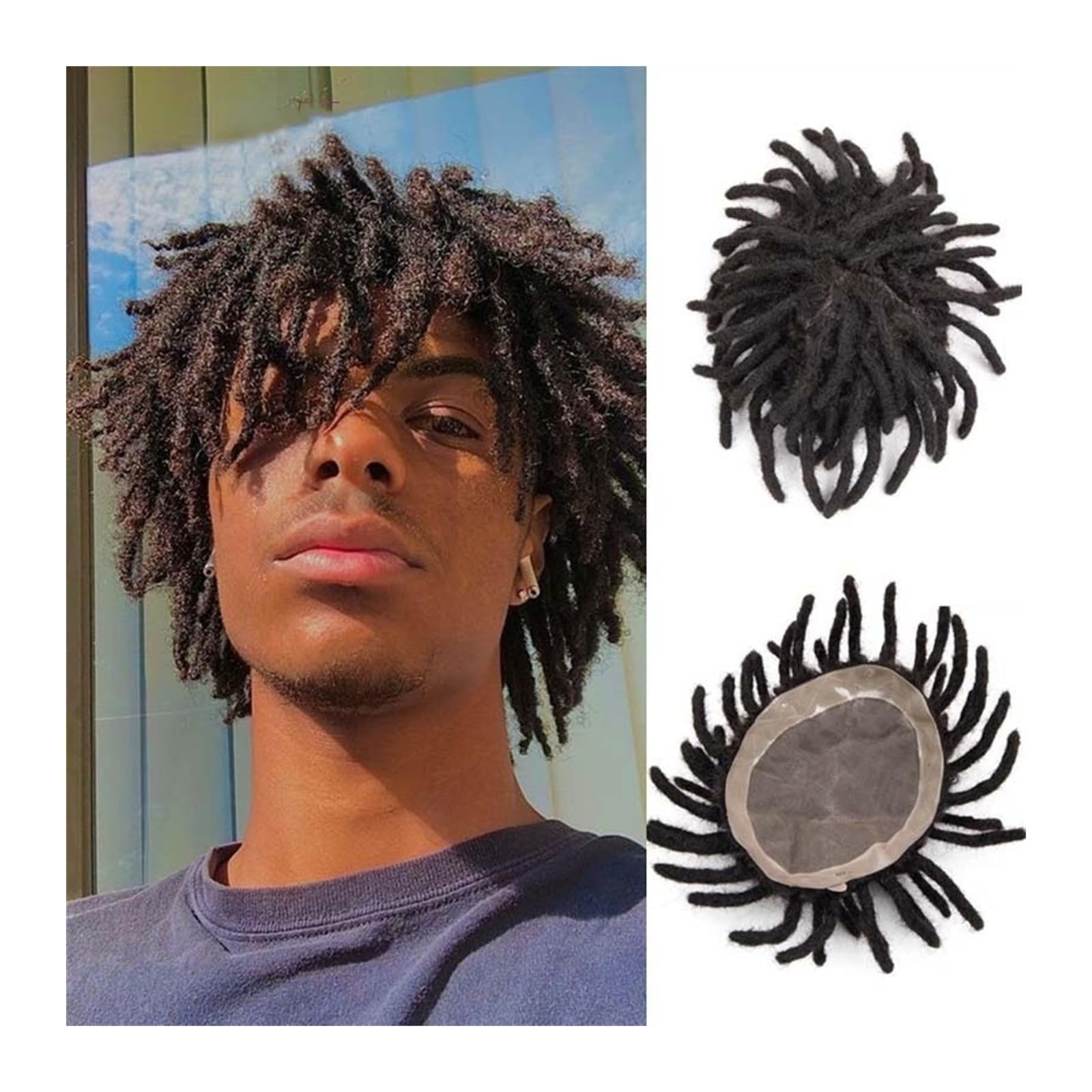 Parrucca per La Copertura della Calvizie Maschile, Toupet Afro Crespo Riccio Breadlocks, Fine Mono Base Npu, Toupet da Uomo, Sistemi di Sostituzione dei Capelli Umani Maschili Neri Naturali