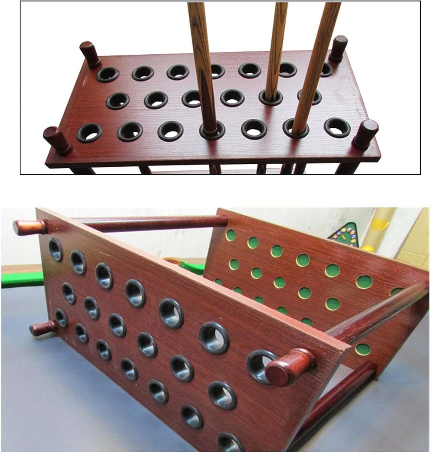 Billiard Cue Rack Stand, Holds 36 Cues, 20 Holes, 24x12x25in, Durable Brown Finish, Pool Cue Organizer for Billiards & Fishing Rods, Corner Storage Solution