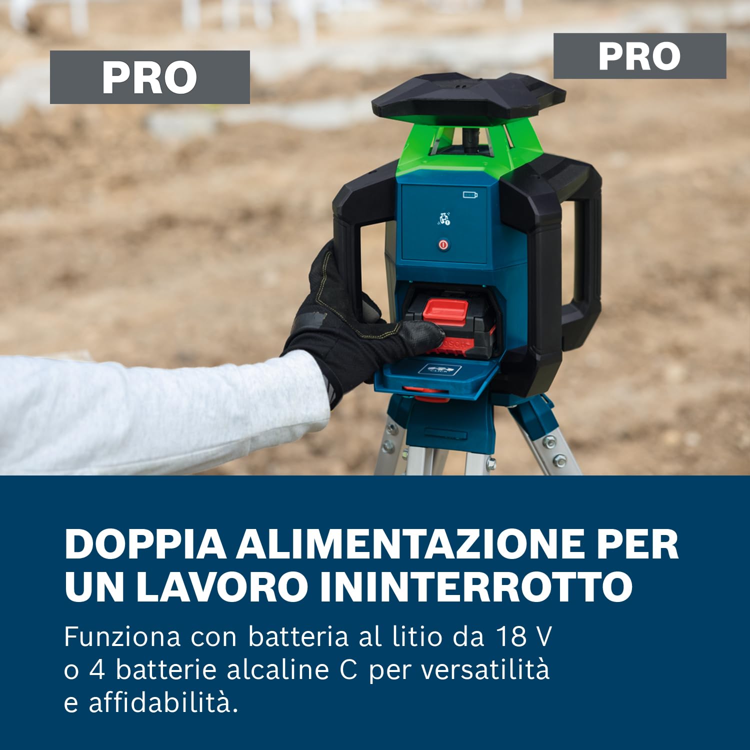 Bosch Livella Laser Rotante PRO GRL18V-3-31G (laser verde, protezione IP66, doppia alimentazione, +/- 1,5 mm di precisione a 30 m, LR3-2 + staffa, BA 18-C, L-BOXX 374)