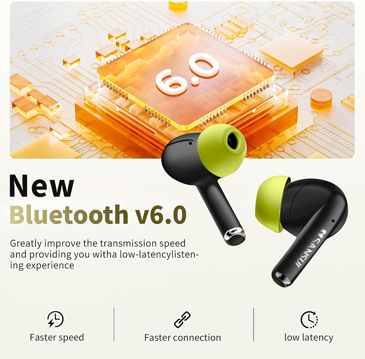 SANSUI Earbuds Wireless Bluetooth 6.0 Noise Cancelling Earbuds,ANC Noise Cancelling IPX4 Waterproof Stereo Headphones,up to 20 Hours of Battery Life,Deeper Bass,W59 (Black Green) - Image 2