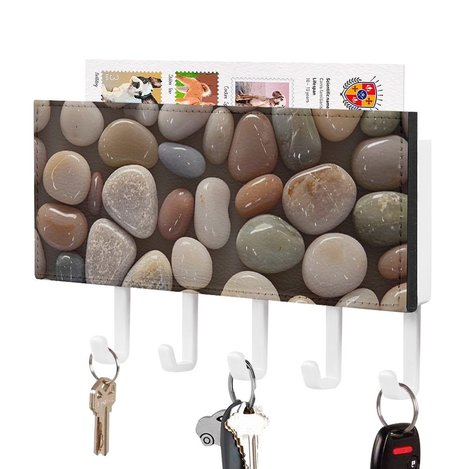 FekiLoot Petoskey Stone Key Holder Wall Mount Key Hanger with 5 Hooks Decorative Key Rack Hanging Key Hooks with Mail Organizer Key Holder for Wall Living Room Kitchen Bathroom Hallway White