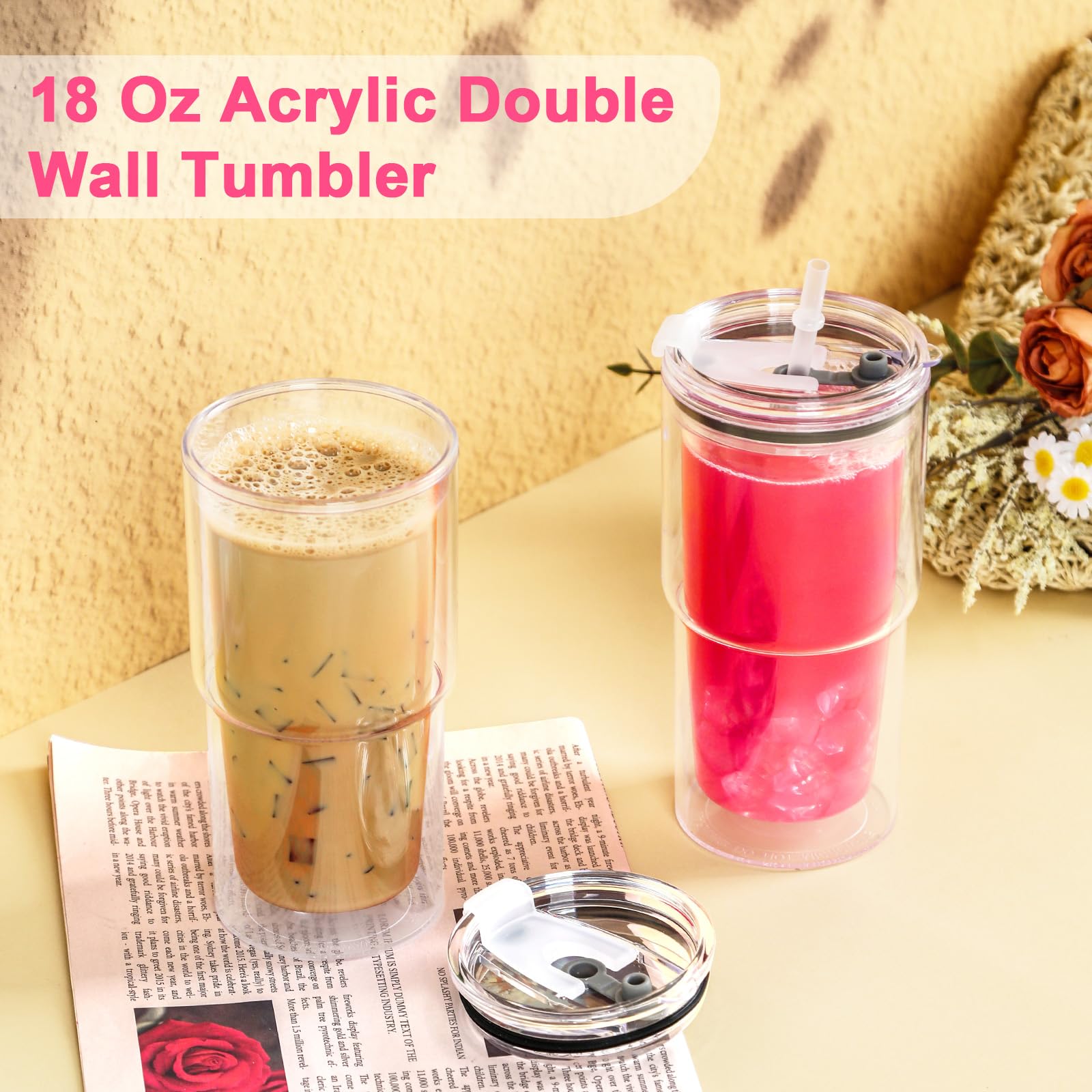 Amazon.com | Maucircol 18 Oz Acrylic Clear Coffee Cup, 6 Pack Double Wall  Clear Tumbler Mug, Wide Mouth Drinking Cup: Tumblers & Water Glasses