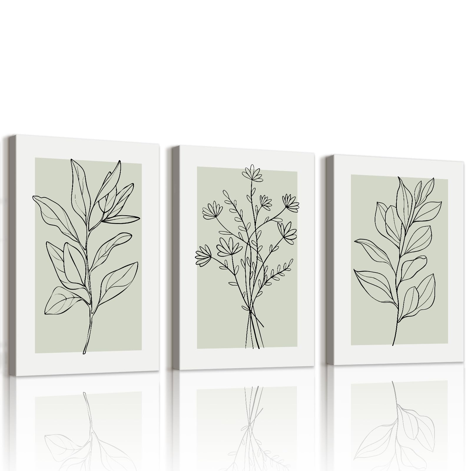 WENGTIAO Set of 3 Boho Botanical Canvas Wall Art Framed Pictures, Abstract Black Sage Green Neutral Plant Painting on Canvas, Modern Wall Decoration for Living Room Bedroom Home Decor 30x40cmx3