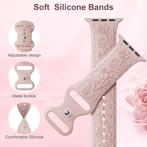 Miniatura 3 de 3 Packs Floral Engraved Bands Compatible with Apple Watch Band 40mm 41mm 38mm 42mm 44mm 45mm 49mm for Women, Silicone Cute Embossed Rose Apple Watch