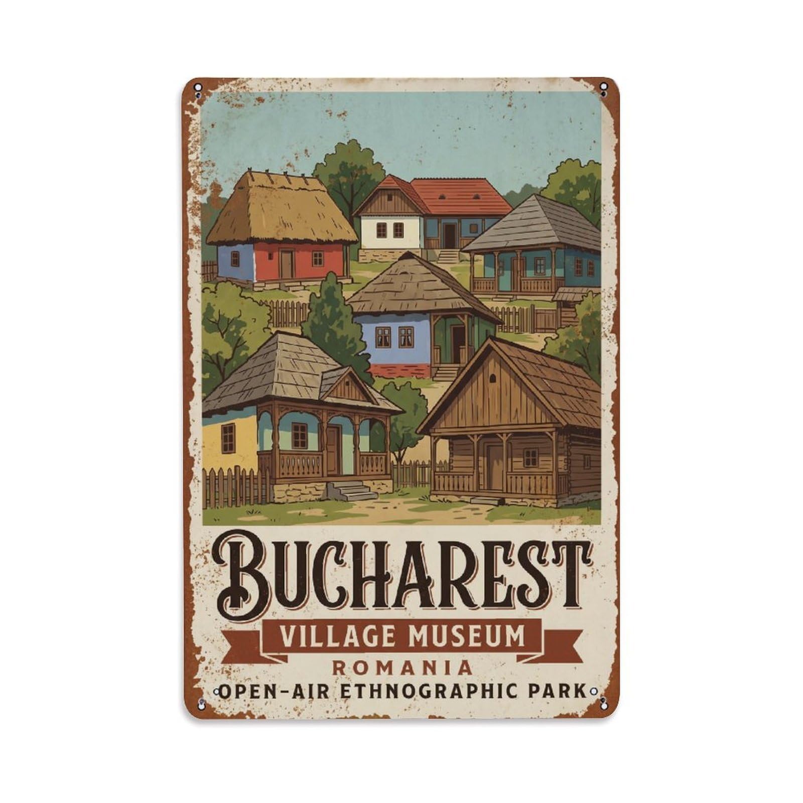 Vintage Travel Bucharest Village Museum Open Air Romania Metal Tin Sign Plaque Wall Decor for Cafe, Club Bar, Office, Home Garden Metal Poster 8x12Inch