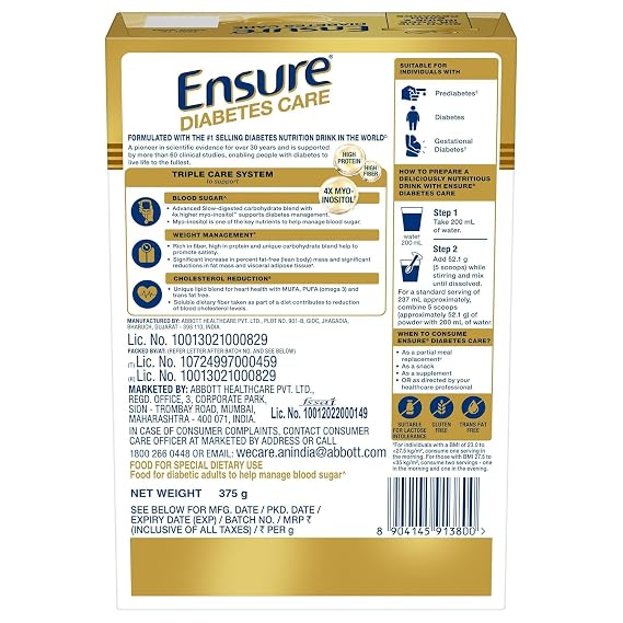 Ensure Diabetes Care Vanilla Powder, High Fiber, Protein, 36 Nutrients, Blood Sugar Management, 375g (13.23 oz), Pack of 2