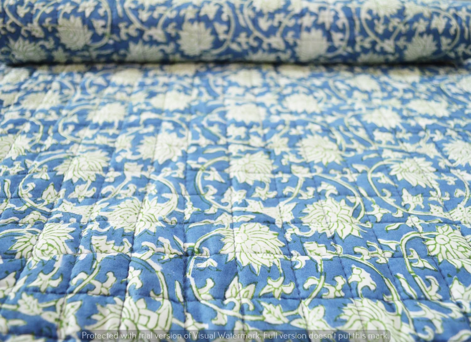 Aashita Creations Toddler Hand Work Kantha Cotton Baby Quilt, Bedspread Throw Floral Printed Baby Quilt_1037