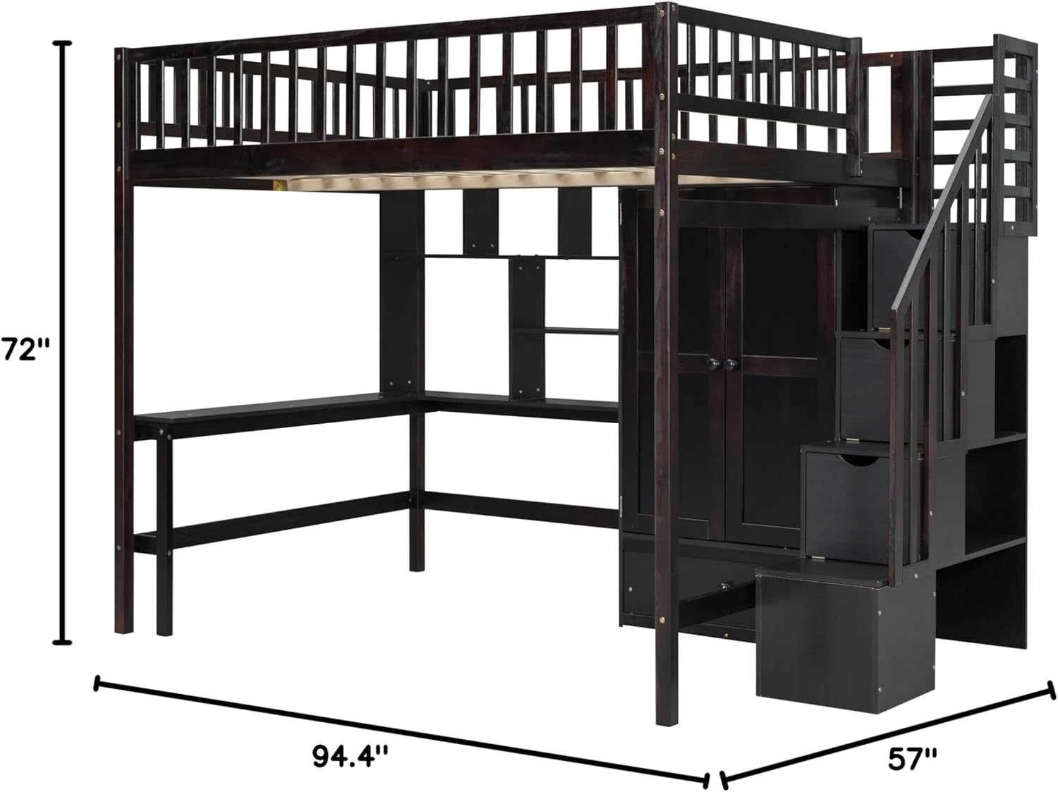 Detailed dimensions diagram of the SIYSNKSI Full Size Loft Bed, showing length, width, and height measurements.