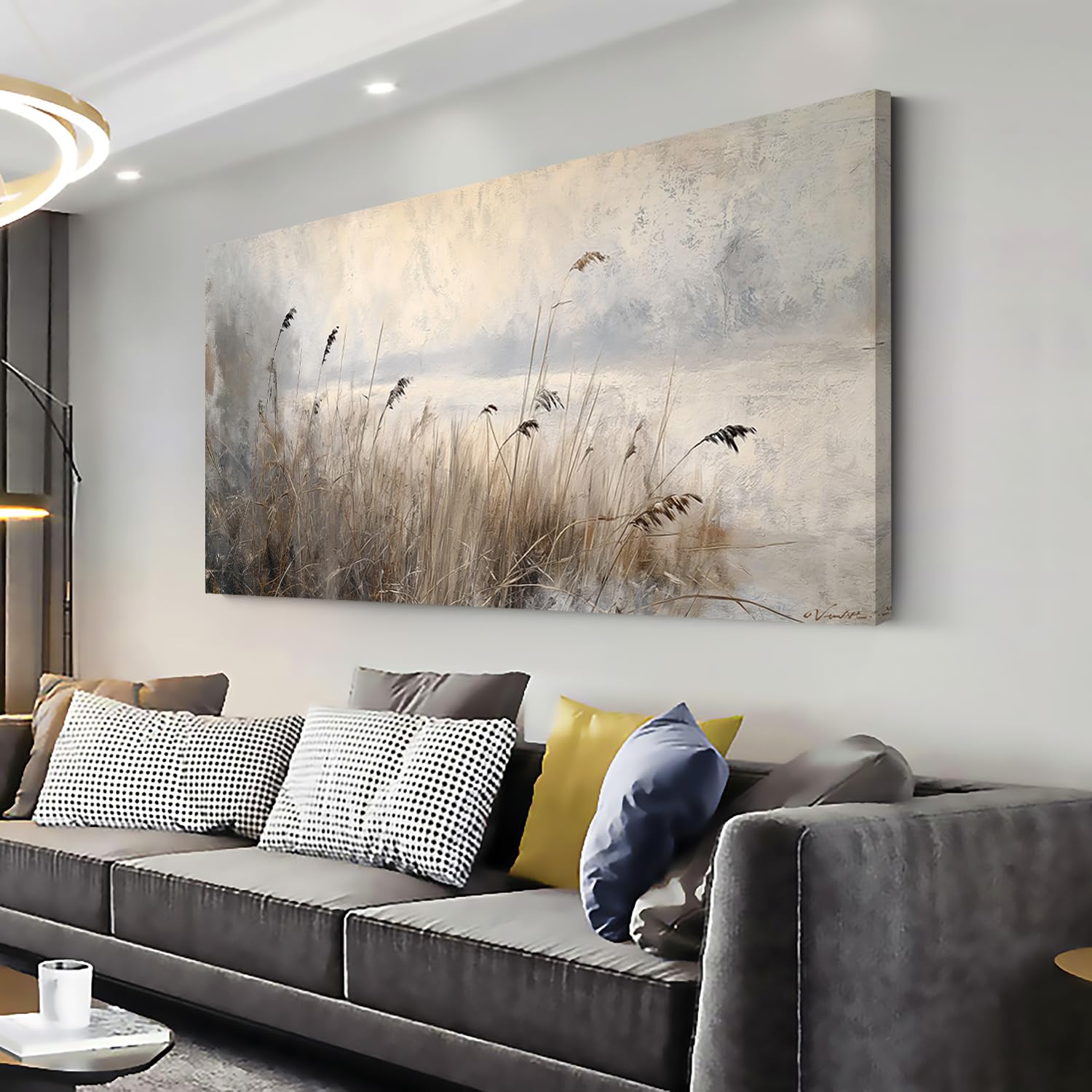 lasmond vintage meadow wall art for living room reed grass canvas painting prints large retro rustic cottagecore countryside landscape farmhouse bedroom artwork home decor (30x16 inches)
