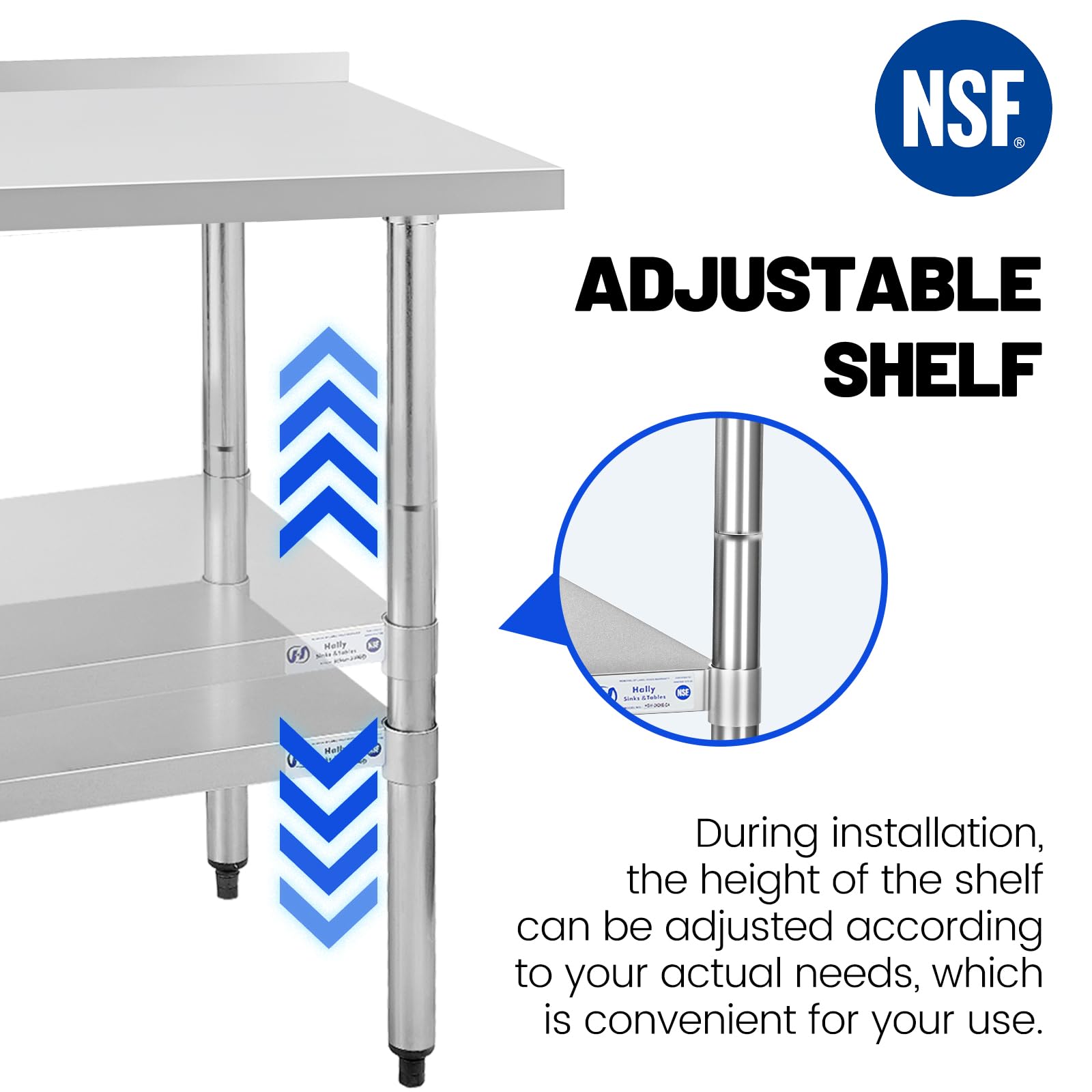 Hally - Mesa de acero inoxidable para preparación y trabajo, 24 x 24 pulgadas, mesa comercial NSF resistente con estante inferior y protector contra salpicaduras para restaurante, hogar y hotel