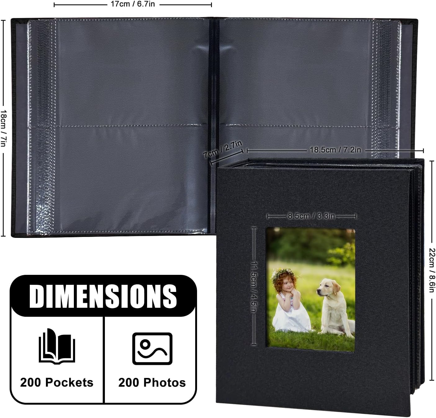Photo Album 4x6 with 100 Pockets, Slip-in Picture Albums, Linen Cover Memory Book with Front Window, Black Page Vertical Photo Book for Wedding, Family, Anniversary, Baby, Vacation(Black)