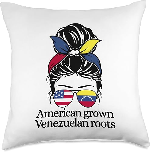Roots Messy Bun Venezuela Heritage Venezuela Heritage American Grown with Venezuelan Roots Throw Pillow, 18x18, Multicolor