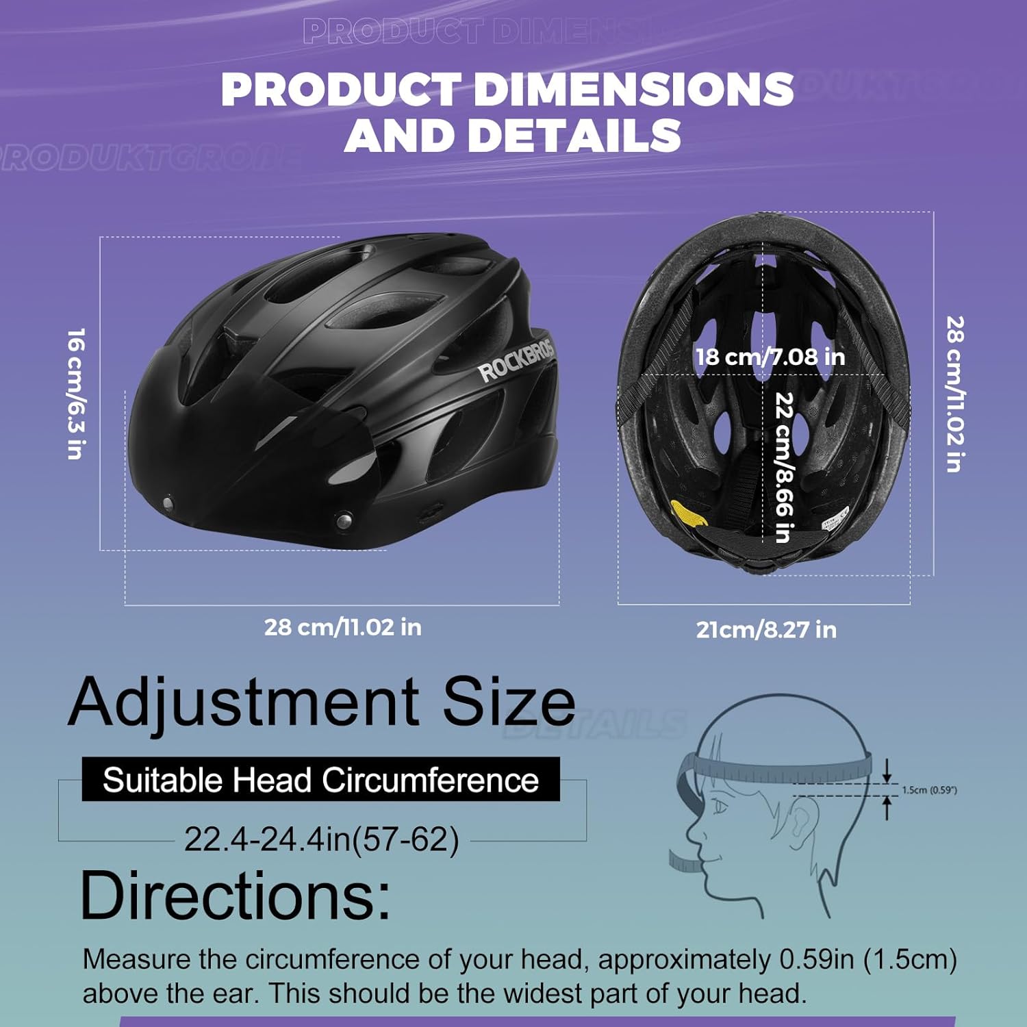 Diagram illustrating product dimensions and head circumference measurement directions.