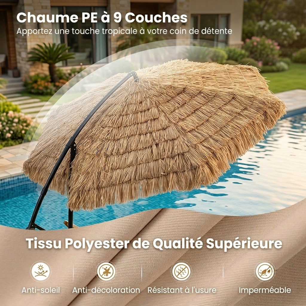 RELAX4LIFE Parasol Déporté en Paille Inclinable 30° Hawaï