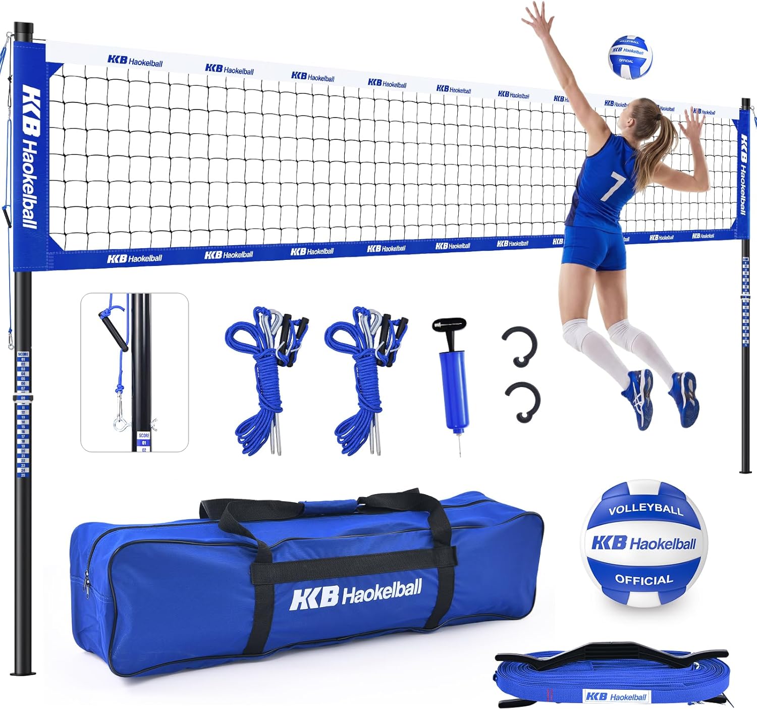 Haokelball Outdoor Portable Heavy Duty Volleyball Net Set for Backyard with Adjustable Height Poles, Anti-Sag System, Volleyball, Pump, Boundary Line and Carry Bag