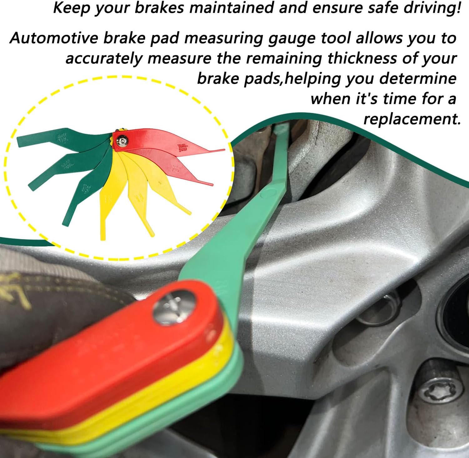 2 Pack Brake Lining Thickness Gauge, Automotive Brake Pad Measuring Tool 8-in-1 Brake Lining Gauge Set, Color Coded/SAE & Metric/Heavy Duty Brake Lining Measuring Tool