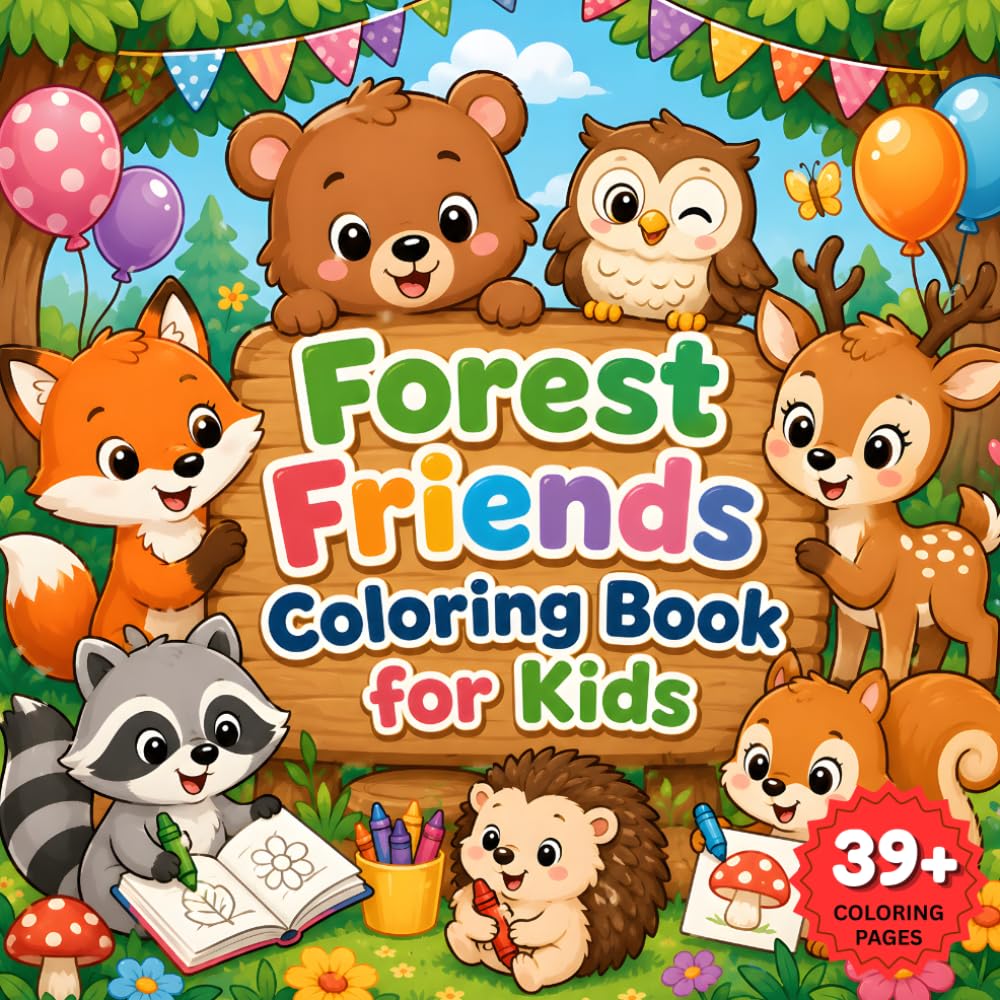 Forest Friends Coloring Book for Kids: 39+ Easy Woodland Friends Coloring Pages Featuring Foxes, Bears, Deer, Owls, Raccoons, Hedgehogs, Squirrels and More | Ages 4–8