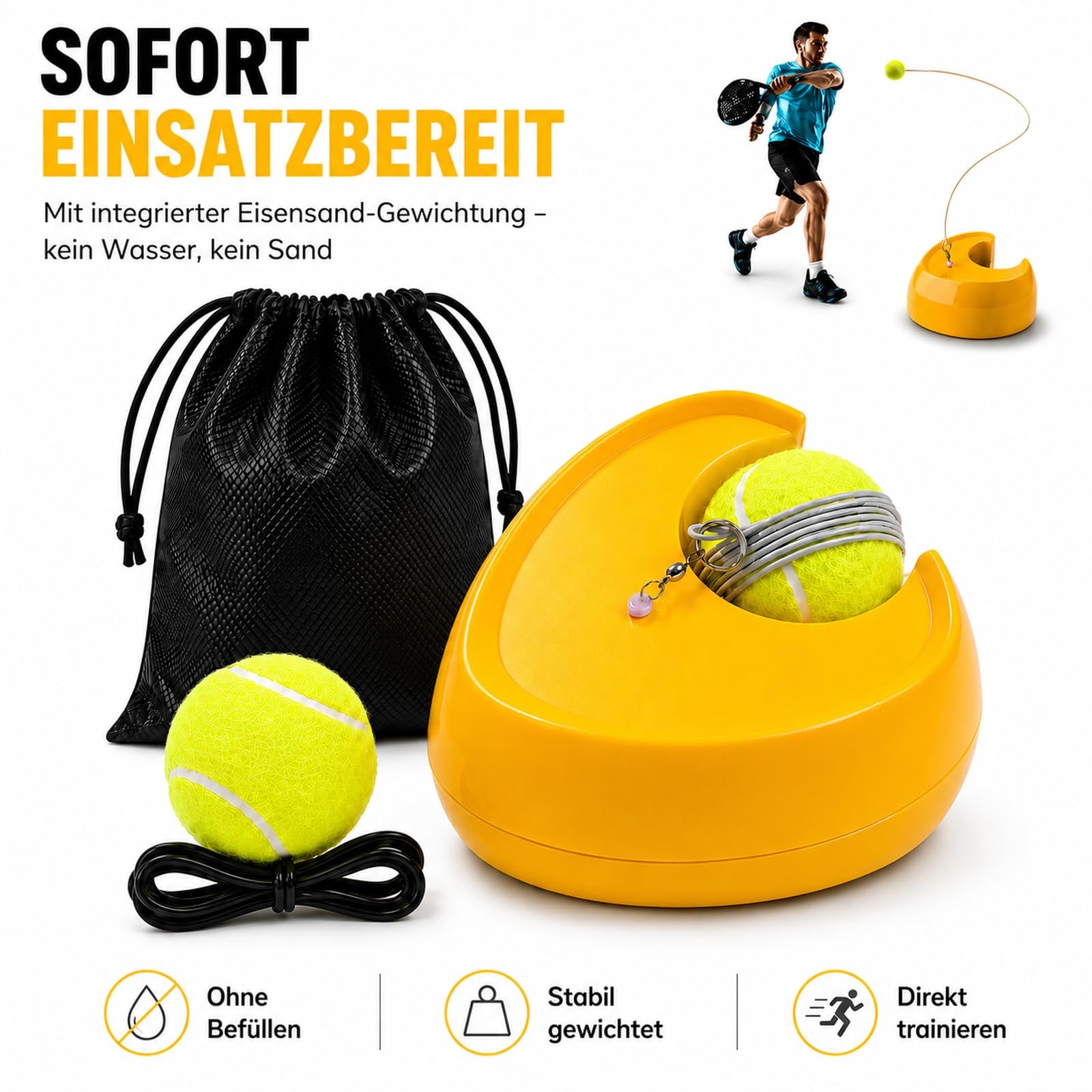 Tennis Trainer Set mit Ball an Schnur – Tennistrainer mit standfester Basis ohne Wasserbefüllung, 2 m Schnur + Ersatzball mit 4 m Schnur, Beutel, Solo Trainingsgerät für Tennis & Padel