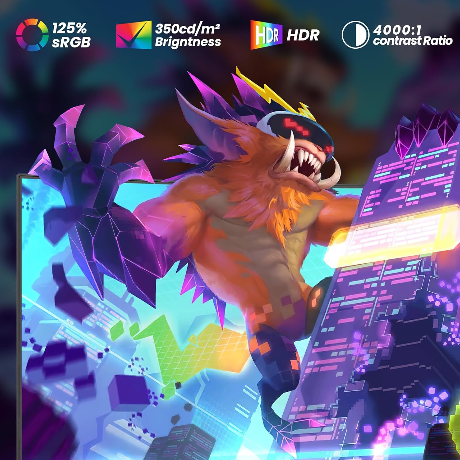 LXZ 34-inch Curved Gaming Monitor display quality features: 125% sRGB, 350cd/m² Brightness, HDR, 4000:1 Contrast Ratio.