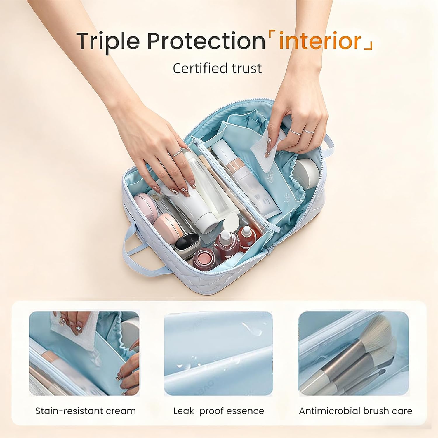 Travel Makeup Bag for Woman, Puffy Padded Quilted Makeup Bag, Lay Flat Makeup Bag, Large Capacity Pouch Open Flat Small Toiletry Bag with Brush Compartment & Handle (Green)