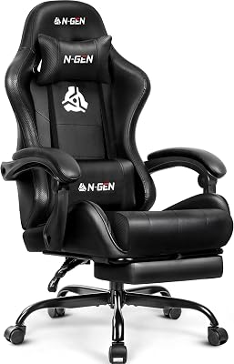 N-GEN GAMING Video Gaming Chair with Footrest Lumbar Support for Home Office High Back Recliner Height Adjustable Ergonomic Comfy Leather Computer Desk Chair (All Black)